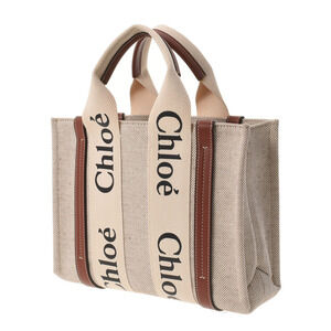 Chloe Beige Woody Handbag Tote Canvas Brown Leather